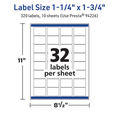 Avery TrueBlock Laser/Inkjet Rectangle Multipurpose Labels, 1.25" x 1.75", White, 320/Pack (94226)