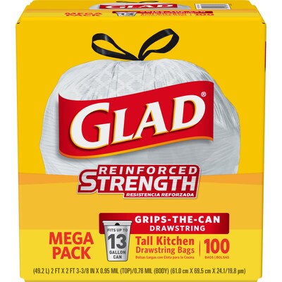 CloroxPro Glad ForceFlex 13 Gallon Tall Kitchen Drawstring Trash Bags, White, 100/Box (78374)
