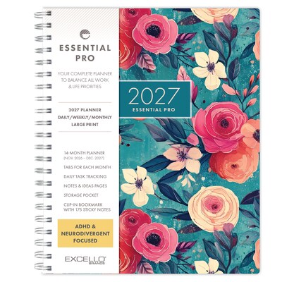 2027 Excello Brands Essential Pro 8.5 x 11 Weekly & Monthly Planner, Teal Floral (ESPRO-CY27-8511-17)