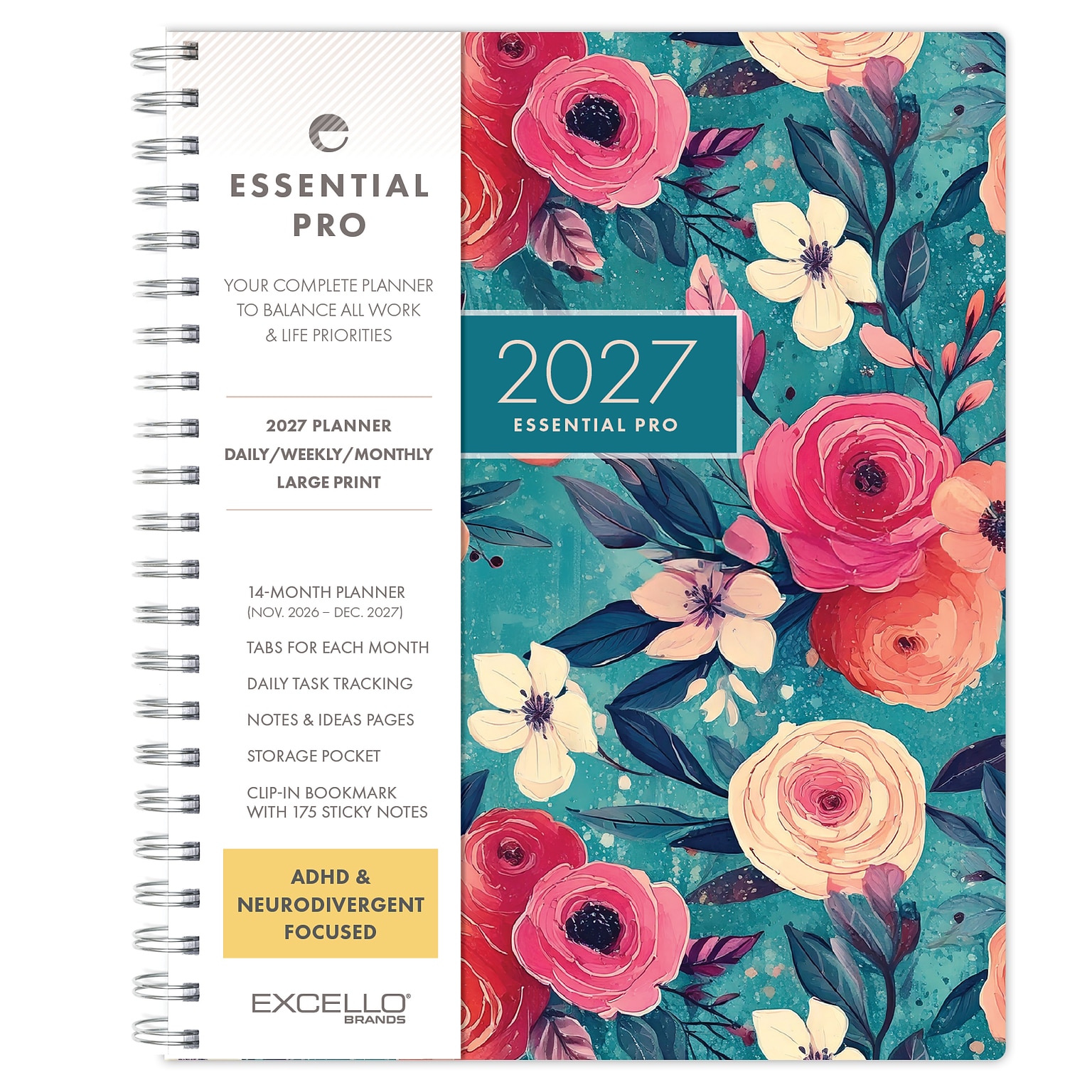 2027 Excello Brands Essential Pro 8.5 x 11 Weekly & Monthly Planner, Teal Floral (ESPRO-CY27-8511-17)