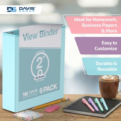 Davis Group, 2", 8.5" x 11", Round Ring View Binder, Assorted Pastel Colors, 6/Pack (7413-88-04)