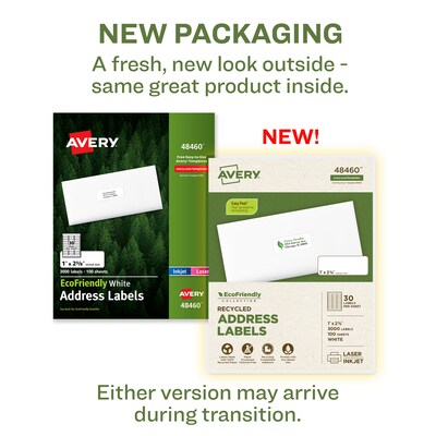 Avery EcoFriendly Laser/Inkjet Address Labels, 1 x 2-5/8, White, 3000 Labels/Box (48460)