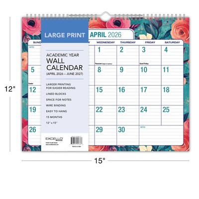 2026-2027 Excello Brands 12" x 15" Academic Monthly Wall Calendar, Teal Floral (NAY27-1512WC-17)