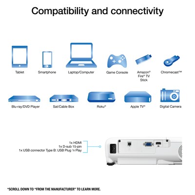 Epson EX3280 3LCD XGA Portable Projector, White (V11H975020)