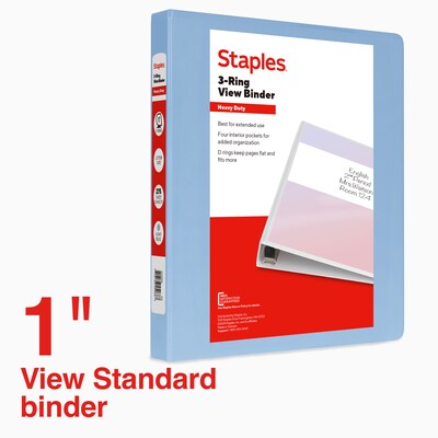 Staples Heavy Duty 1 3-Ring View Binder, D-Ring, Light Blue (ST63088)