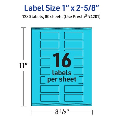 Avery Printable Rectangle Multipurpose Labels, 1" x 2-5/8", Bright Blue, 1280/Box (94201)