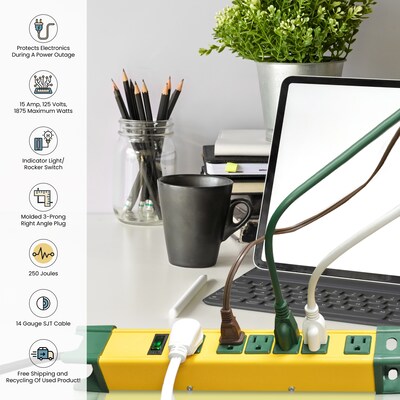 GoGreen Power 6' Metal Surge Protector, 6 Outlets, Yellow/Green (GG-26114)