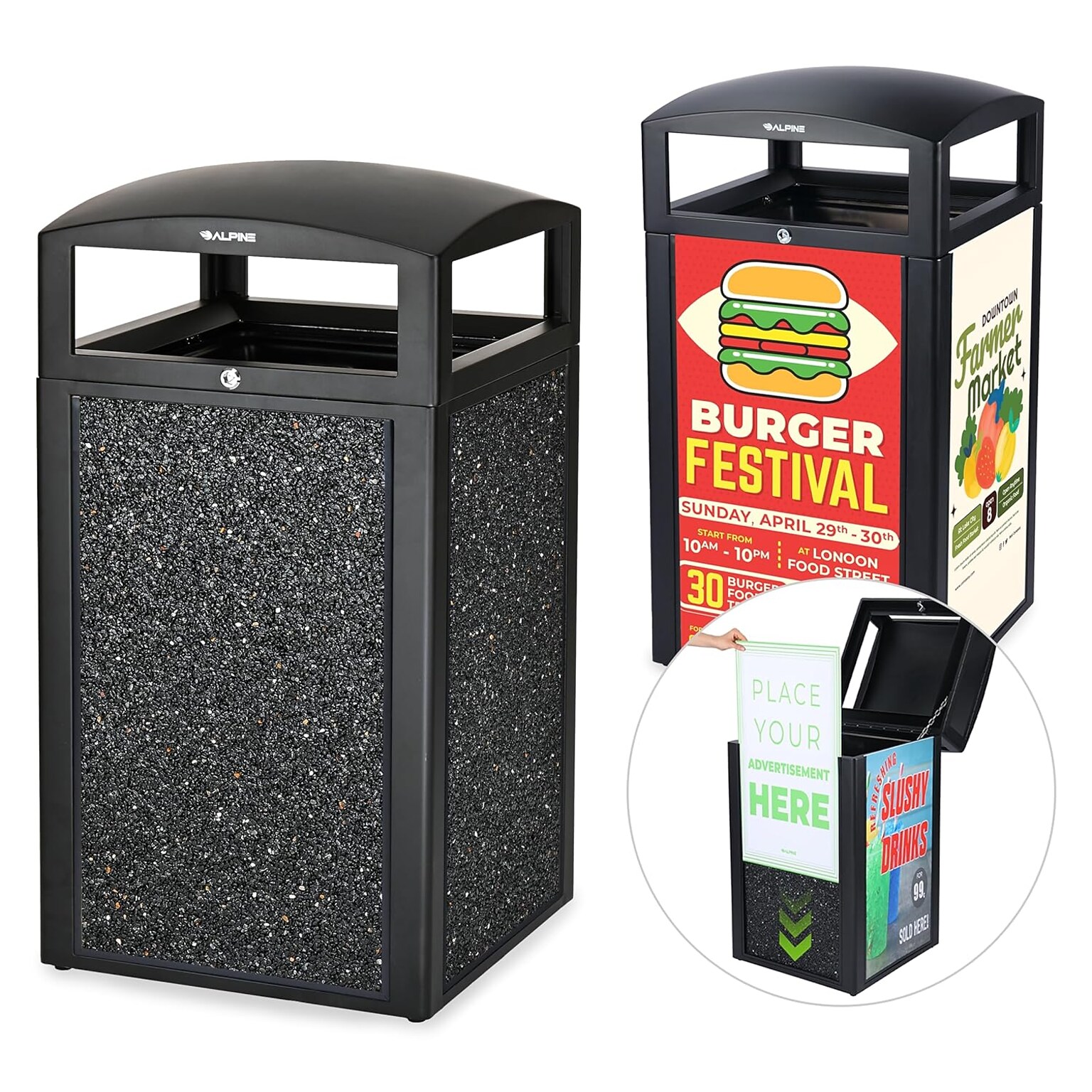 Alpine Industries Steel Outdoor Trash Can with Covered Top Lid, 40-Gallon, Gray Stone (ALP471-40-GRYS-SGN)