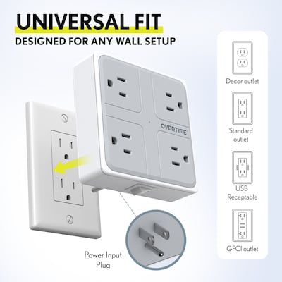 Overtime E63 7-in-1 Wall Outlet Surge Protector Extender with 4 AC Outlets, 2 USB-A & 1 USB-C Ports, White (OWPE63WH)