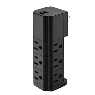 LAX Multi-Charging Tower 9-Outlet Surge Protector with 2 USB Ports, Black
