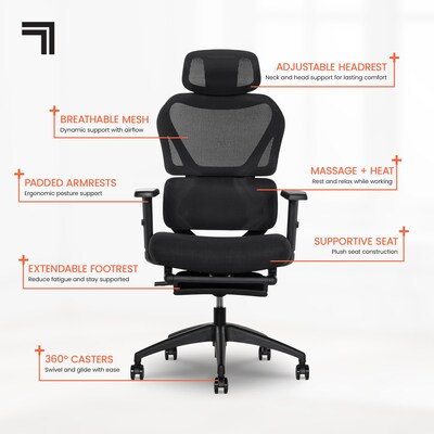Sharper Image S-850 Heated Ergonomic Mesh Swivel Executive Massage Chair, Black (60106-BLK)