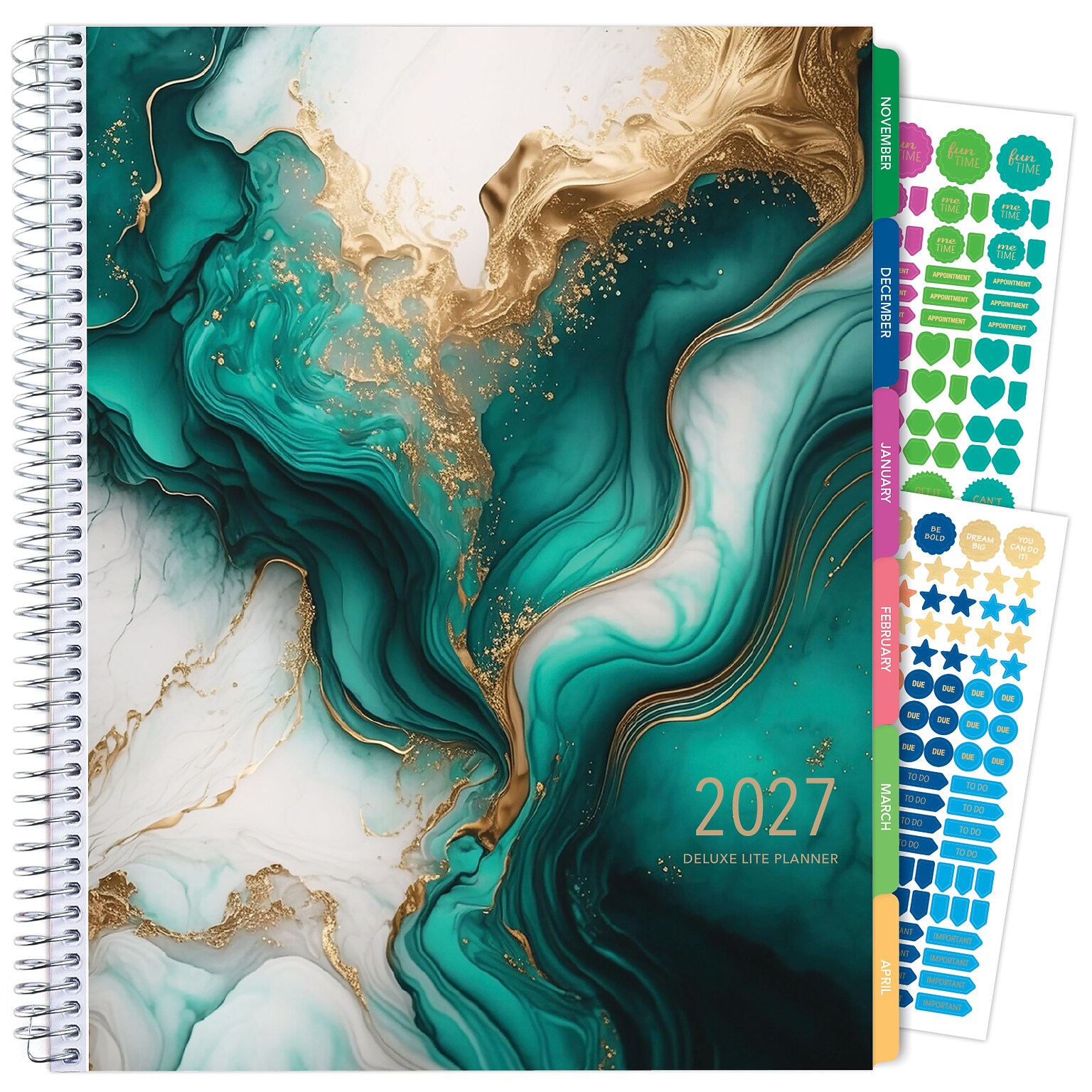 2027 Excello Brands 8.5 x 11 Weekly & Monthly Planner, Paperboard Cover, Teal/Gold Marble (NRY27-DL-54)