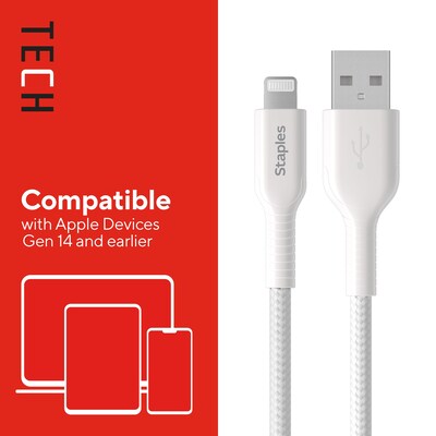 Staples TECH Lightning to USB-A Charging Cable, 3.3 ft., White (ST62329)