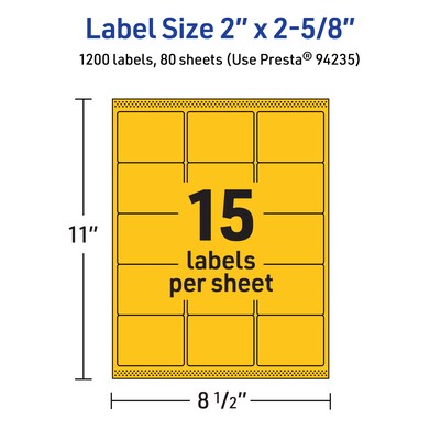 Avery Laser/Inkjet Rectangle Multipurpose Labels, 2" x 2-5/8", Bright Yellow, 1200/Box (94235)