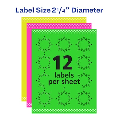 Avery Sure Feed Laser Burst Label, 2 1/4" Diameter, Assorted Neon, 12 Labels/Sheet, 15 Sheets/Pack (5995)