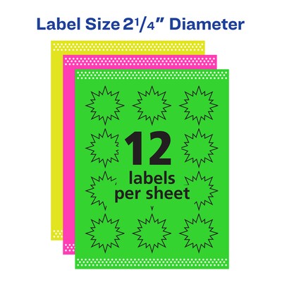 Avery Sure Feed Laser Burst Label, 2 1/4" Dia, Assorted Neon, 180 Labels/Pack (5995)