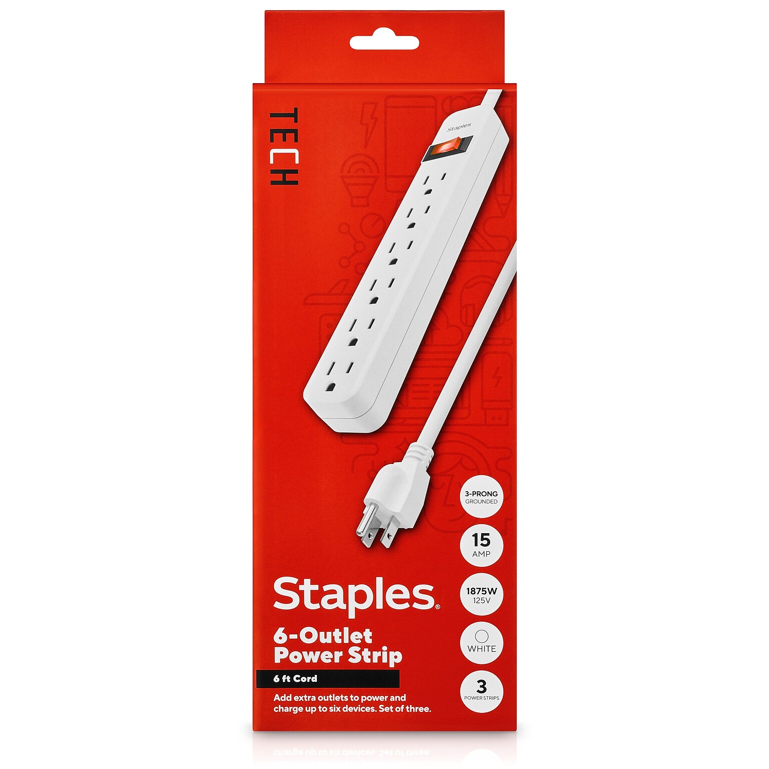 Staples TECH 6-Outlet Power Strip, 6 Cord, White, 3/Pack (42320)