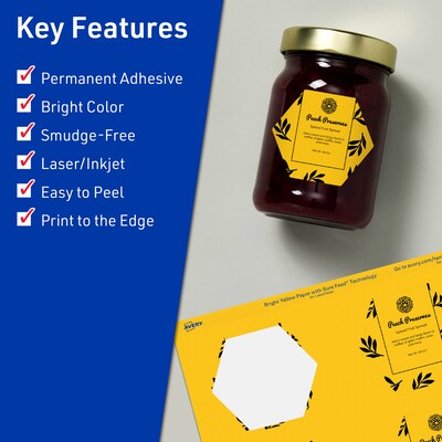 Avery Laser/Inkjet Hexagon Multipurpose Labels, 2-1/2 x 2-57/64, Bright Yellow, 120/Pack (94121)