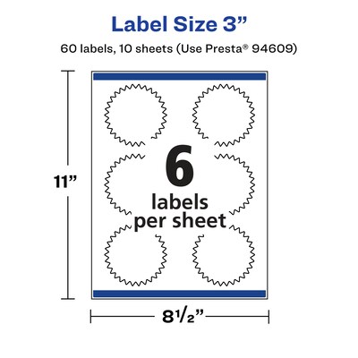 Avery Laser/Inkjet Multipurpose StarburstLabels, 3" Dia, Glossy Clear, 60/Pack (94609)