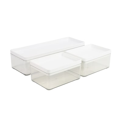 Martha Stewart Grady Plastic Stackable Storage Organizer with White Plastic Lid, Clear, 3/Set (GSBA13603PCLWH)