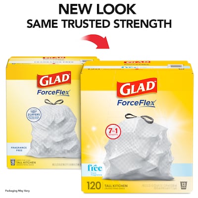 Glad ForceFlex Tall 13 Gallon Drawstring Kitchen Trash Bag, White, 120 Total Bags (78555)
