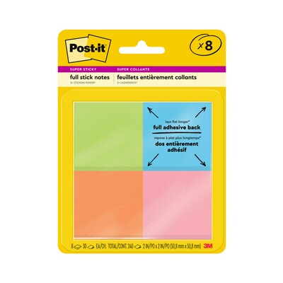 Post-it® Super Sticky Full Stick Notes, 1 7/8 x 1 7/8, Energy Boost Collection, 30 Sheets/Pad, 8 P