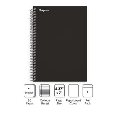 Staples Premium 1-Subject Notebook, 4.38" x 7", College Ruled, 80 Sheets, Black (TR58347M)