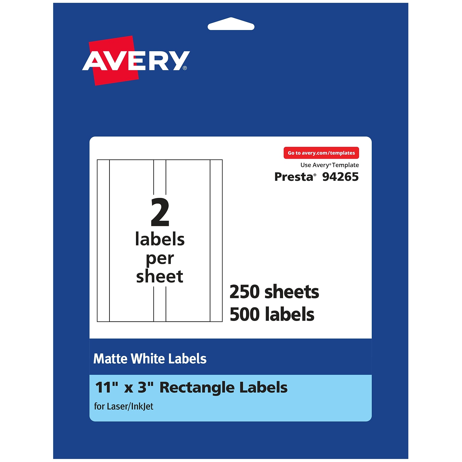 Avery Laser/Inkjet Rectangle Multipurpose Labels, 11 x 3, White, 500 Labels/Box (94265)