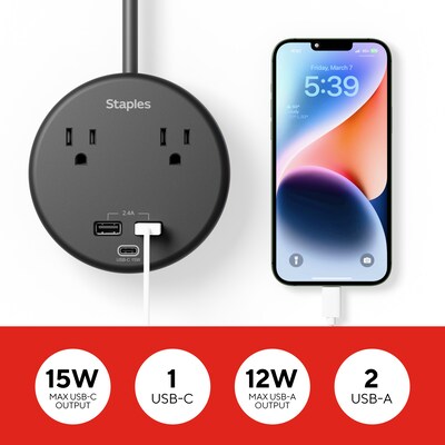Staples TECH 2-Outlet 3-USB Port Surge Protector, 5', 500 Joules, Black (ST62772)
