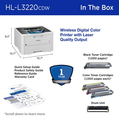 Brother HL-L3220CDW Wireless Compact Digital Printer, Laser Quality Output, Refresh Subscription Eligible