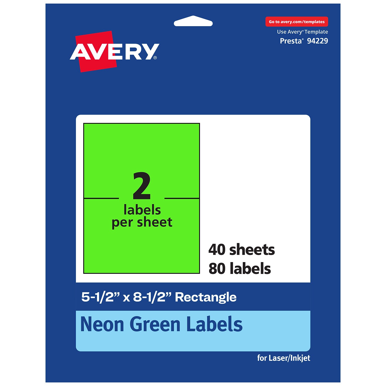 Avery Laser/Inkjet Multipurpose Rectangle Labels, 5.5 x 8.5, Neon Green, 80/Pack (94229)