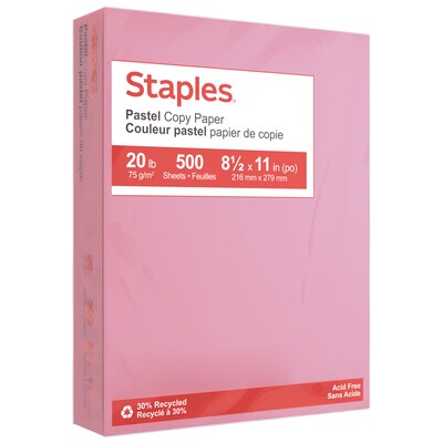 Staples Pastel 30% Recycled Color Copy Paper, 20 lbs., 8.5 x 11, Pink, 500/Ream (14779)