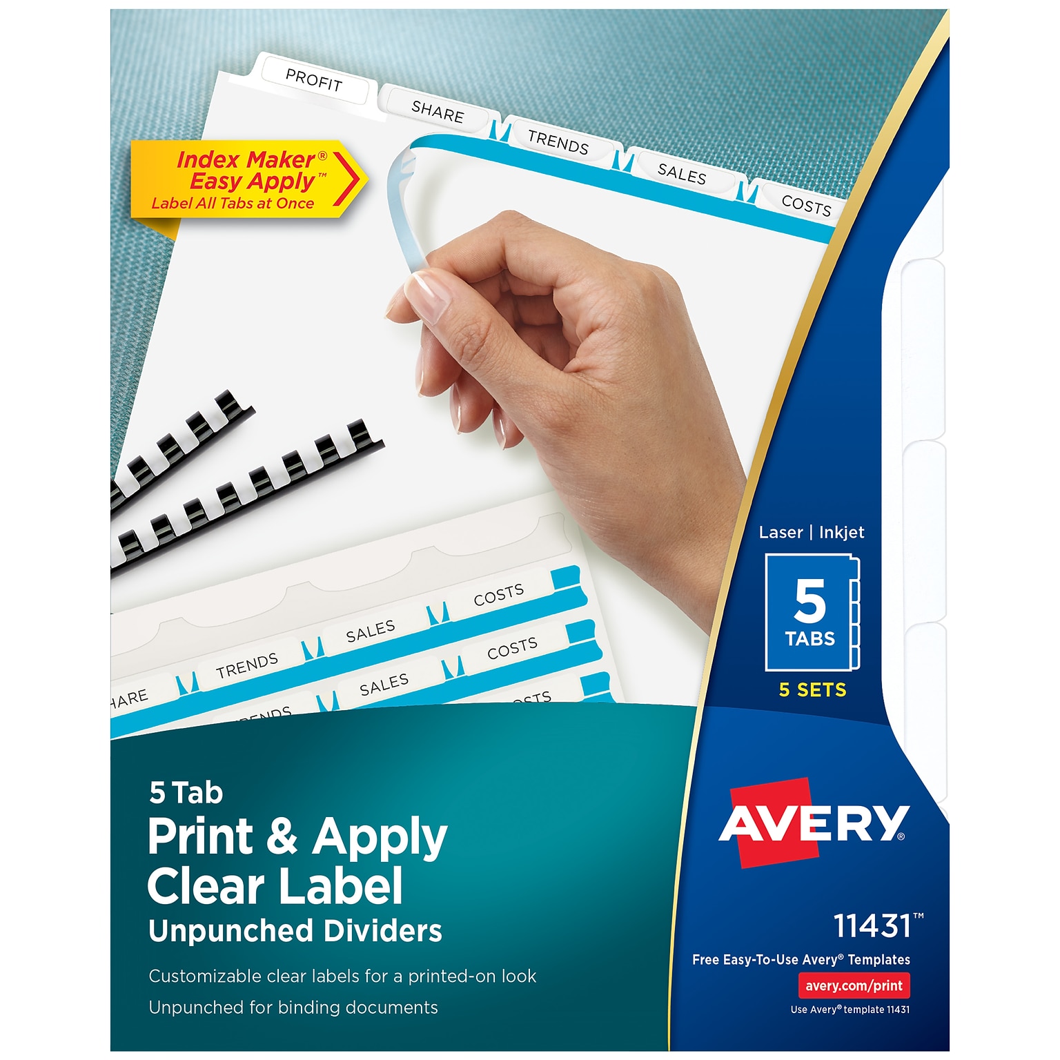 Avery Index Maker Paper Dividers with Print & Apply Label Sheets, 5 Tabs, White, 5 Sets/Pack (11431)