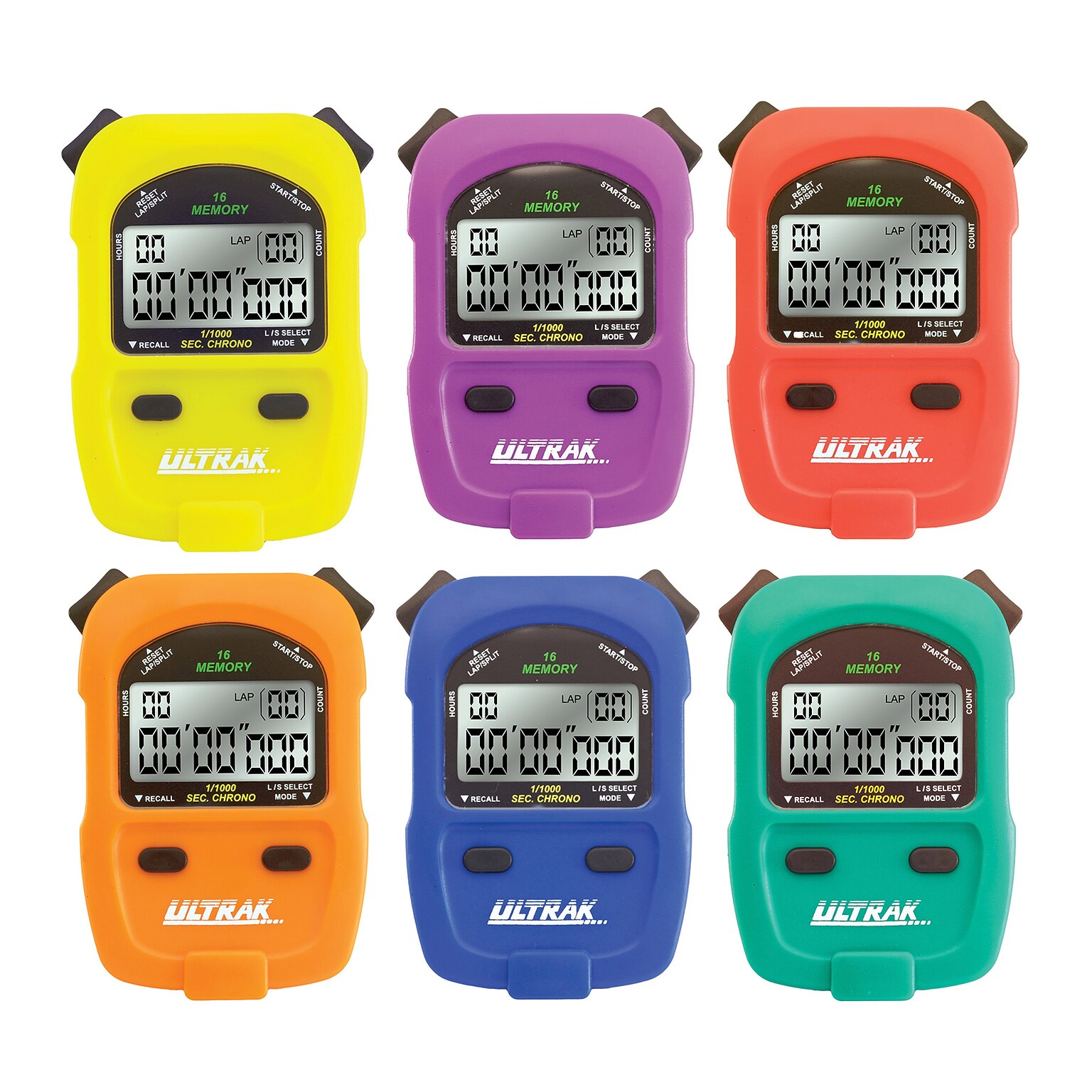 ULTRAK 460 100-Hour Rainbow Stopwatches, 6/Set (CEI460SET)