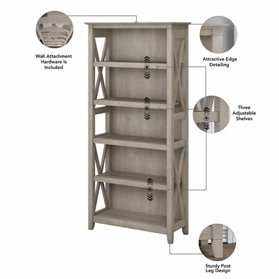 Bush Furniture 66"H 5-Shelf Bookcase with Adjustable Shelves, Washed Gray Laminate (KWB132WG-03)