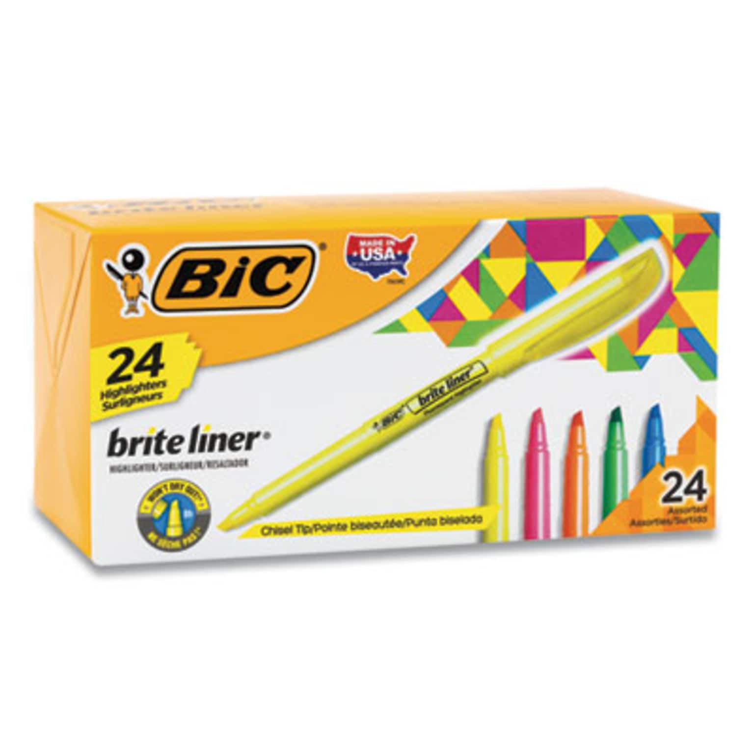 BIC Brite Liner Stick Highlighter, Chisel Tip, Assorted, 24/Pack (BL241AST)