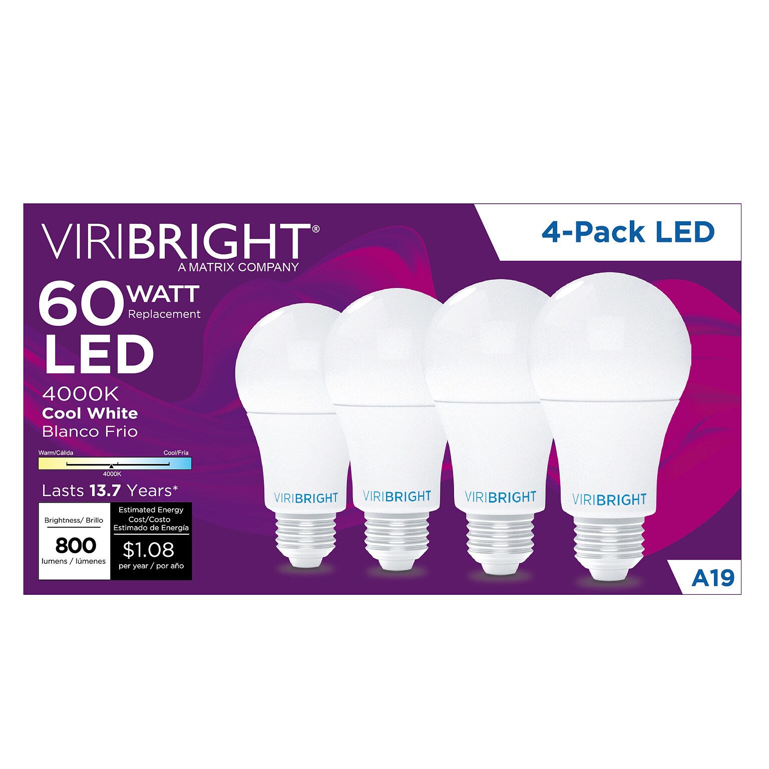 Viribright 9 Watts Cool White LED Household Bulb, 4/Pack (640339)