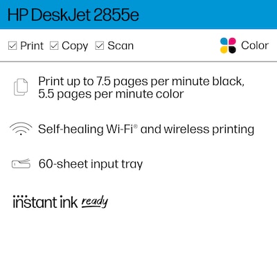 HP DeskJet 2855e Wireless All-in-One Color Inkjet Printer, Scanner, Copier, Best for Home, 3 Months of Ink Included (588S5A)