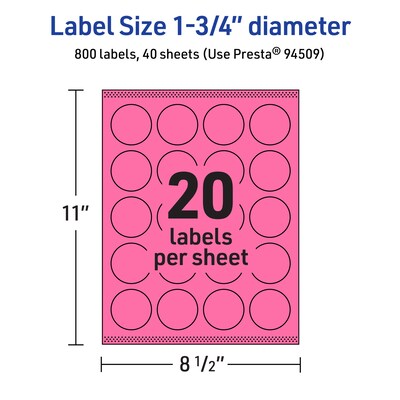 Avery Laser/Inkjet Round Multipurpose Labels, 1.75" Dia., Bright Pink, 800/Pack (94509)