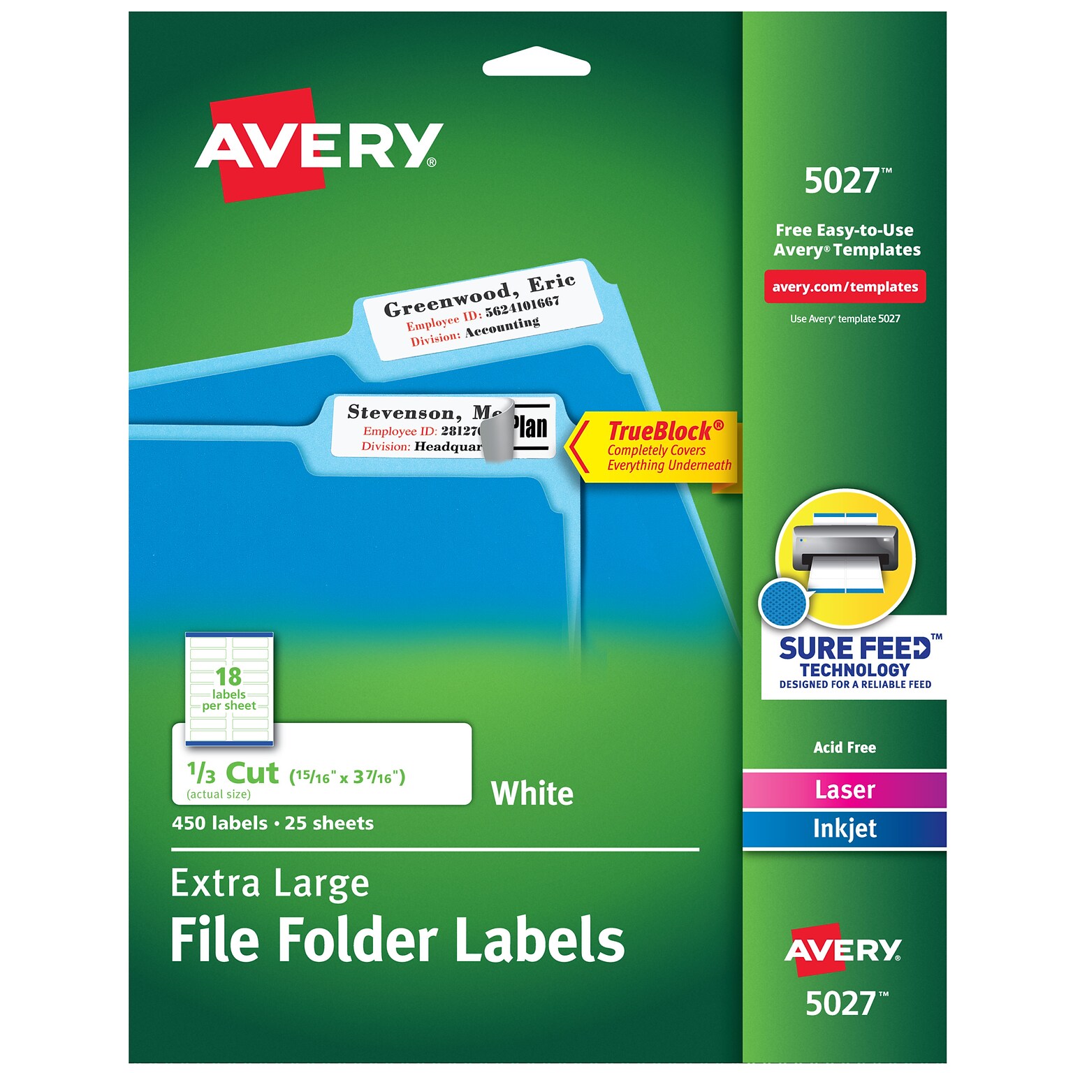 Avery TrueBlock Laser/Inkjet Extra Large File Folder Labels, 15/16 x 3-7/16, White, 450 Labels/Pack (5027)