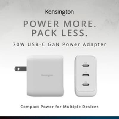 Kensington 70W 3-Port USB-C GaN Charger for Laptops & Mobile Devices, White (K38101NA)