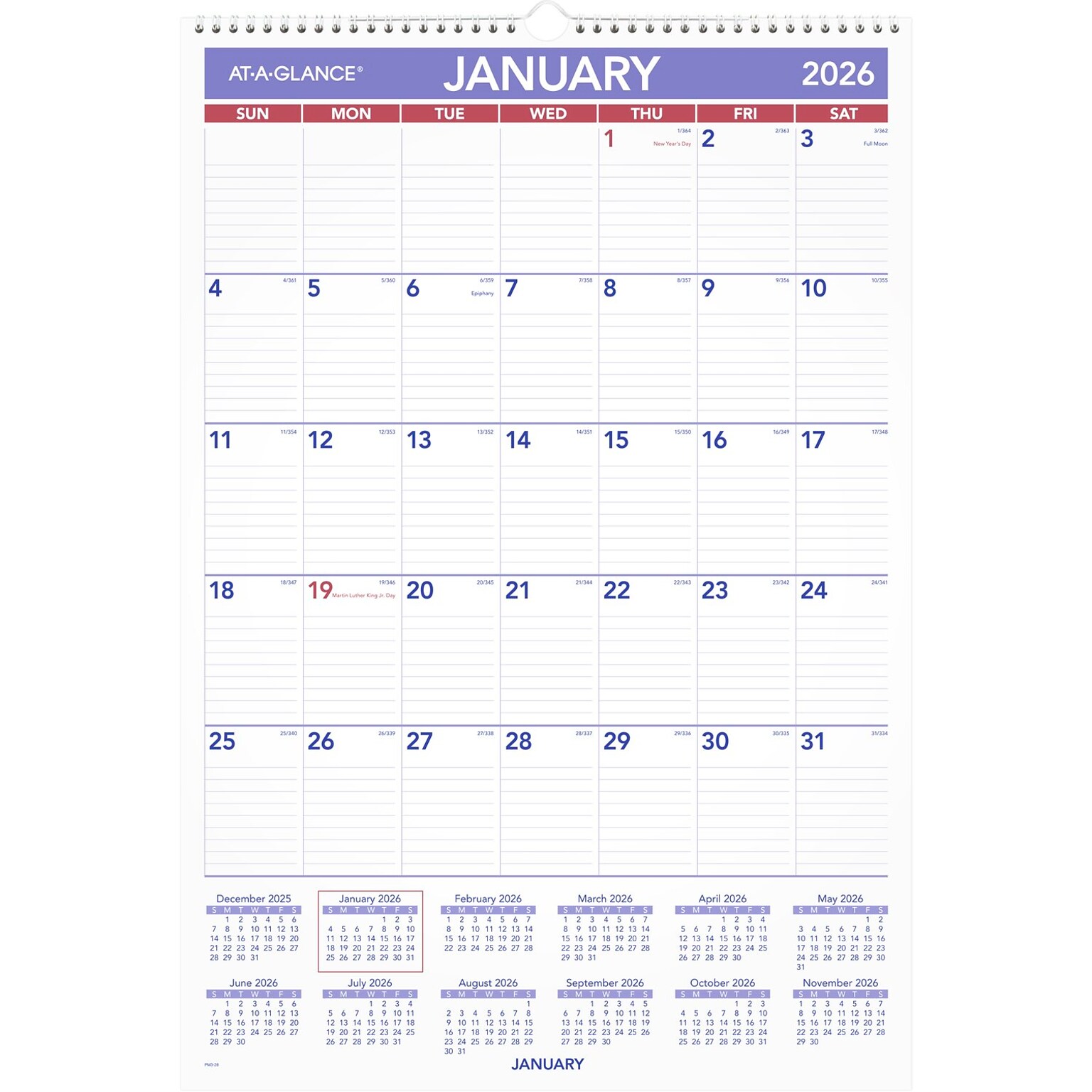 2026 AT-A-GLANCE 15.5 x 22.75 Monthly Wall Calendar, White/Purple (PM3-28-26)