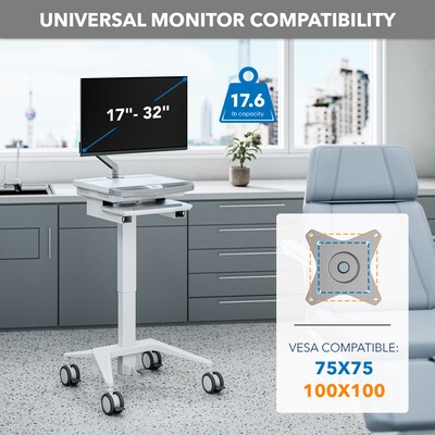 Mount-It! MedHub Mobile Medical Cart Workstation with Spring Arm Monitor Mount and Locking Caster Wheels, White/Grey (MI-16016)