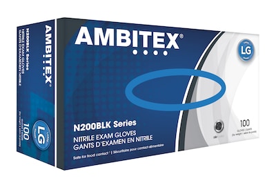 Ambitex N200BLK Series Powder Free Black Nitrile Gloves, Large, 100/Box (NLG200BLK)