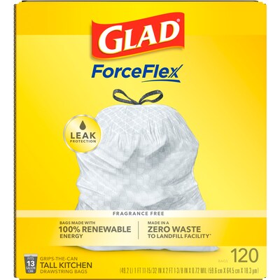Glad ForceFlex Tall 13 Gallon Kitchen Drawstring Trash Bags, White, 120/Box (78564)