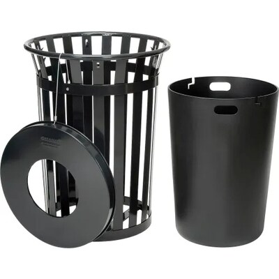 Global Industrial Outdoor Slatted Steel Trash Can w/ Flat Lid, 36 Gallon, Black (237726BK)
