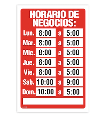 Cosco Horario de Negocio Sign, Red/White Plastic, 8" x 12" (098253)