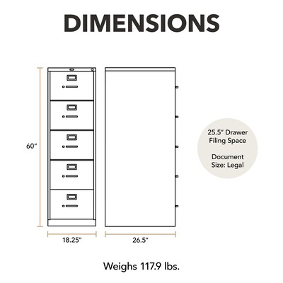 HON 310 Series 5-Drawer Vertical File Cabinet, Legal Size, Lockable, 60H x 18.25W x 26.5D, Light Gray (H315CPQ)