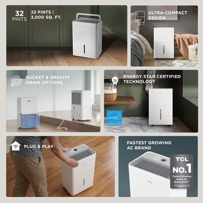 TCL 32-Pint Portable Dehumidifier, 3-Speed, Covers up to 3000 sq. ft., White (T32DC9R)