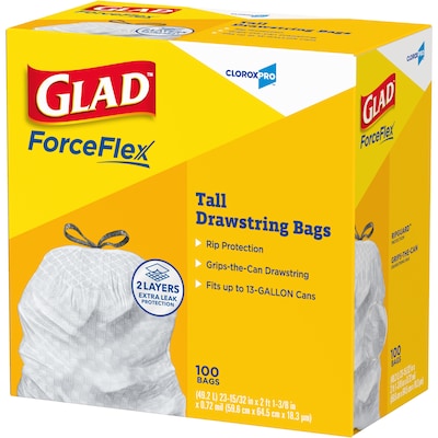 Glad ForceFlex Tall 13 Gallon Drawstring Kitchen Trash Bag, White, 400 Total Bags (78526)